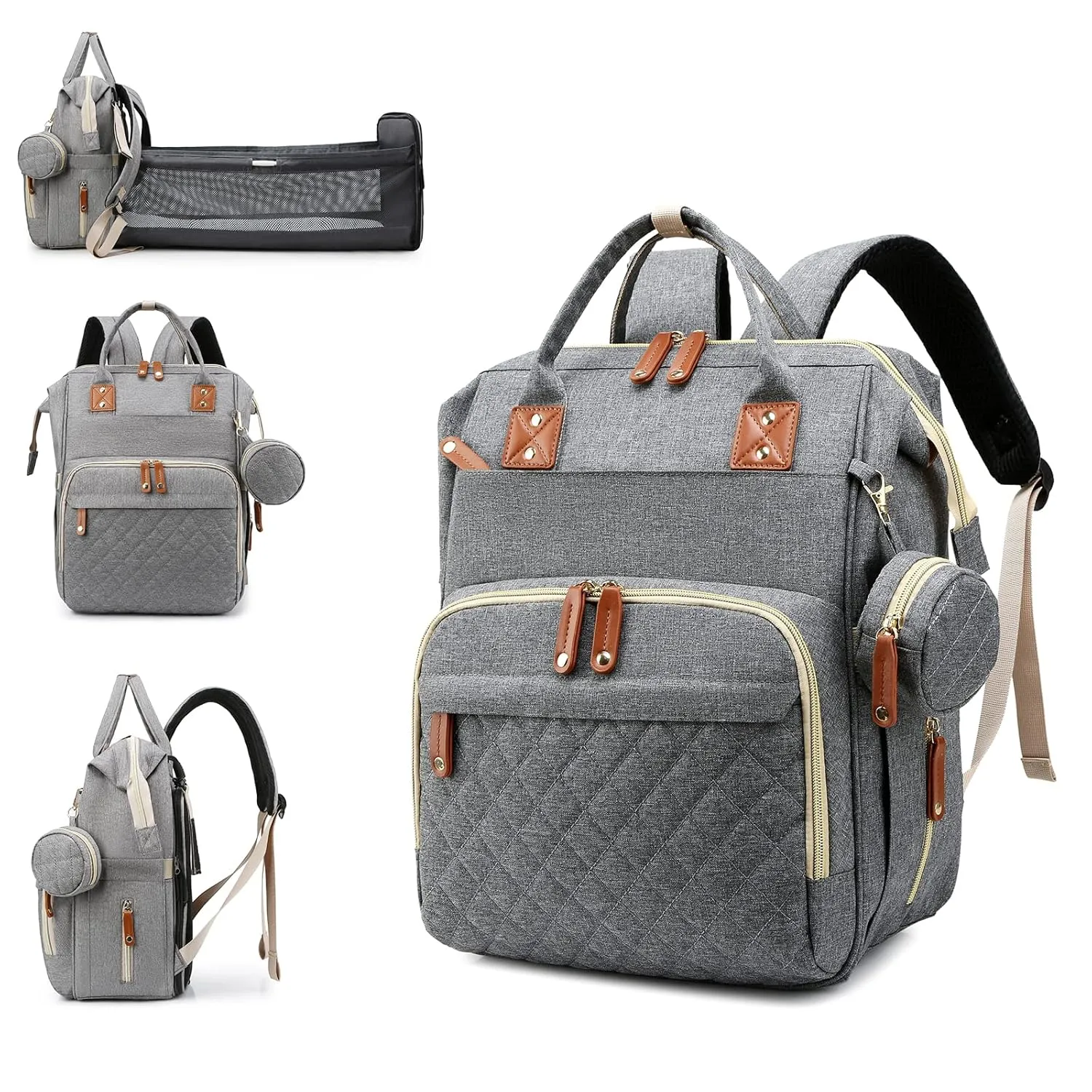 Baby Diaper Bag Backpack, Waterproof Baby Bags for Boys Girls, USB Charging Port, Baby Shower Gifts, Grey