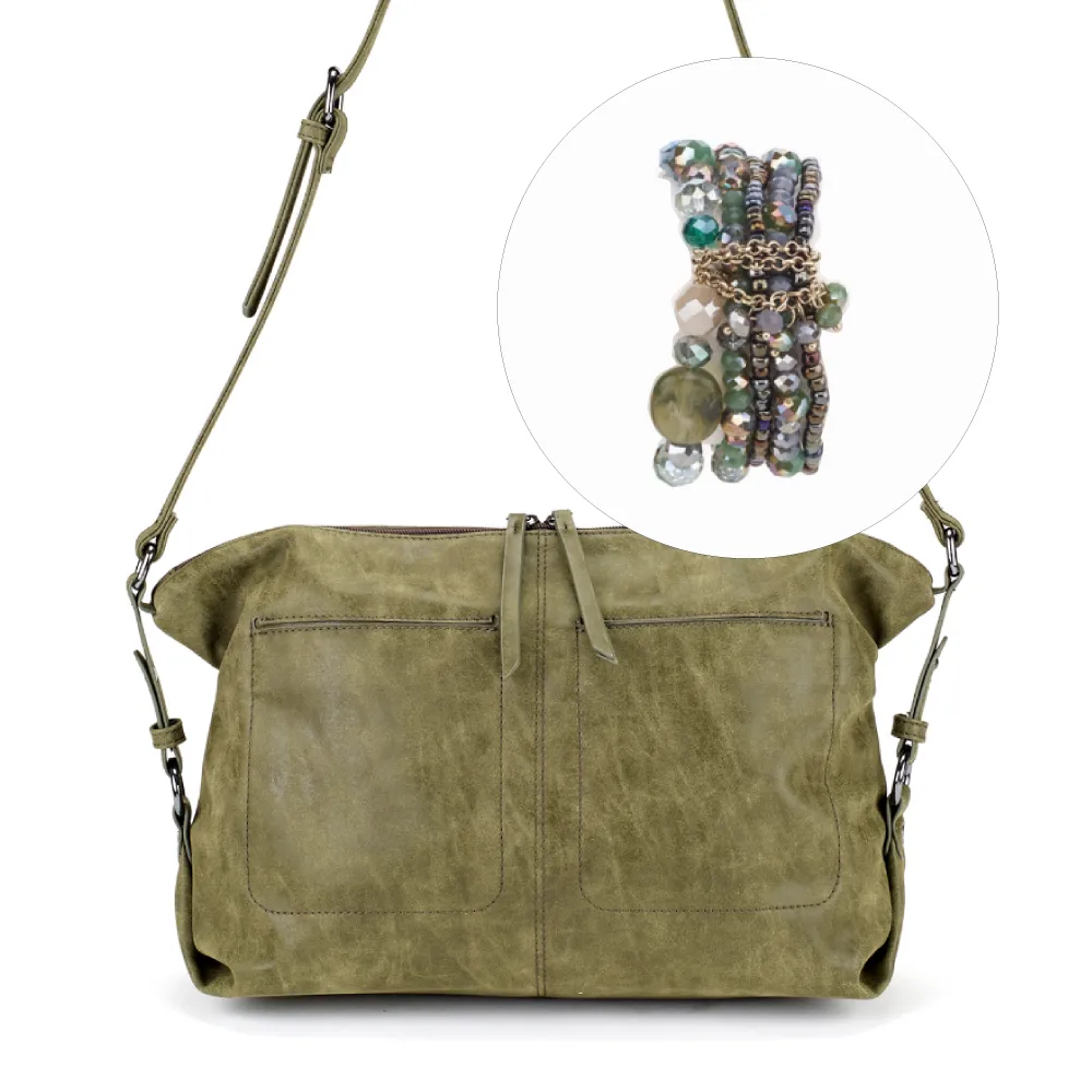 Beaded Stretch Bracelet and Slouchy Bag Gift Set in Khaki Green
