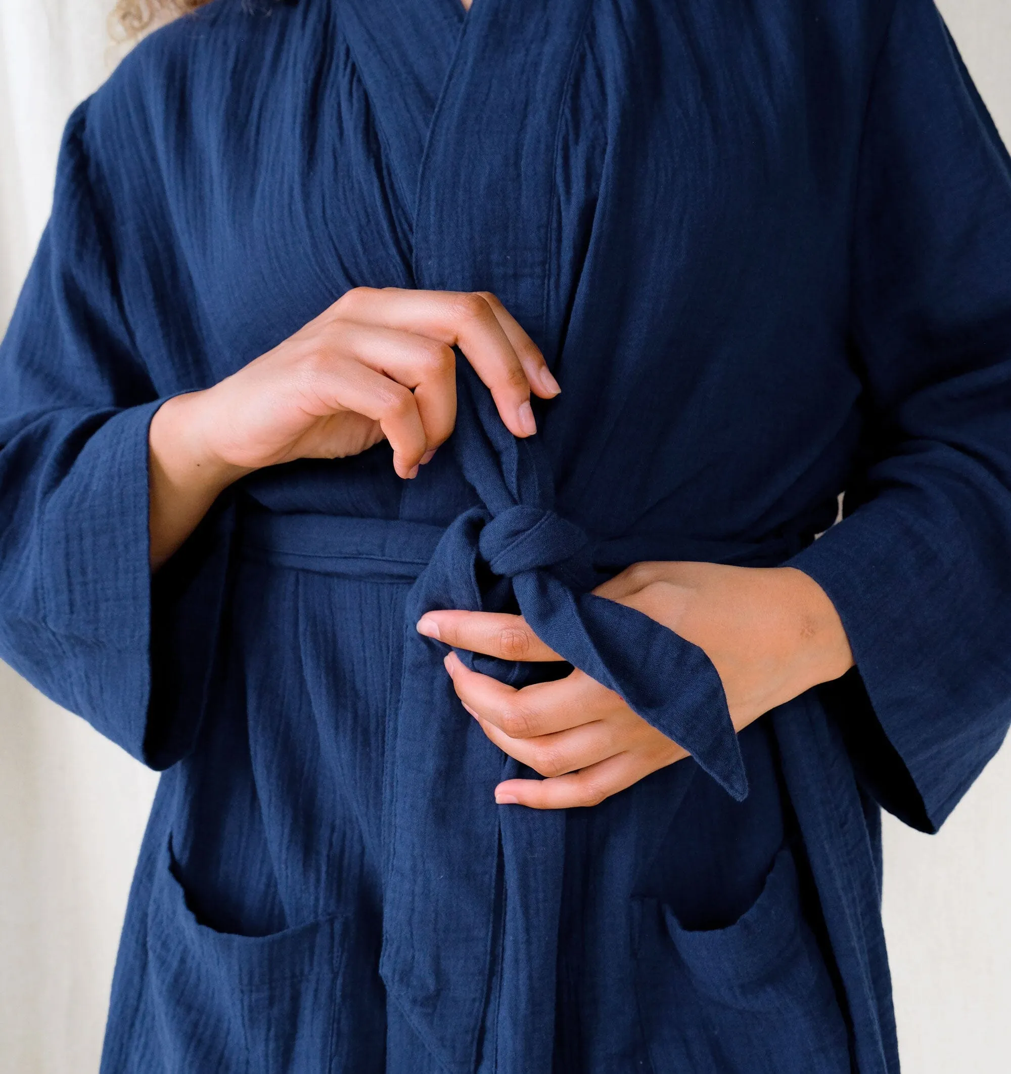 Belted cotton robe [Navy]