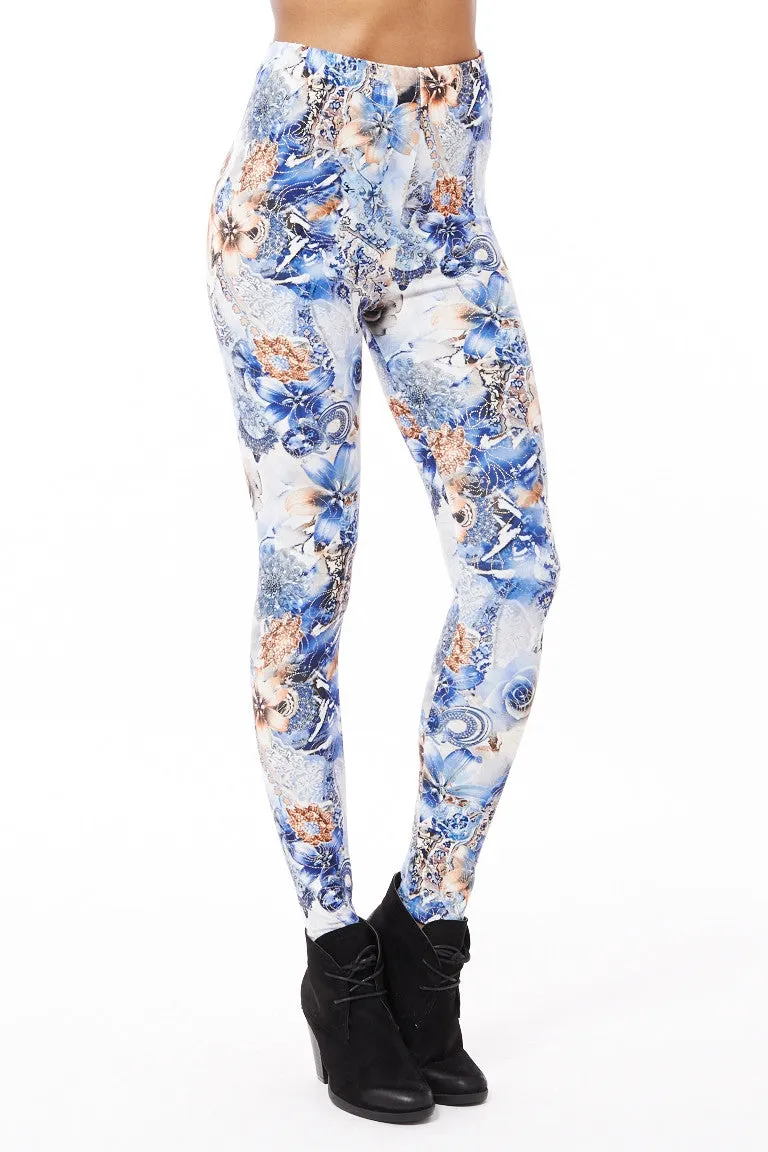 Blue Floral Leggings with Gold Pattern Detail