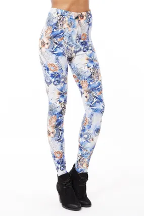 Blue Floral Leggings with Gold Pattern Detail