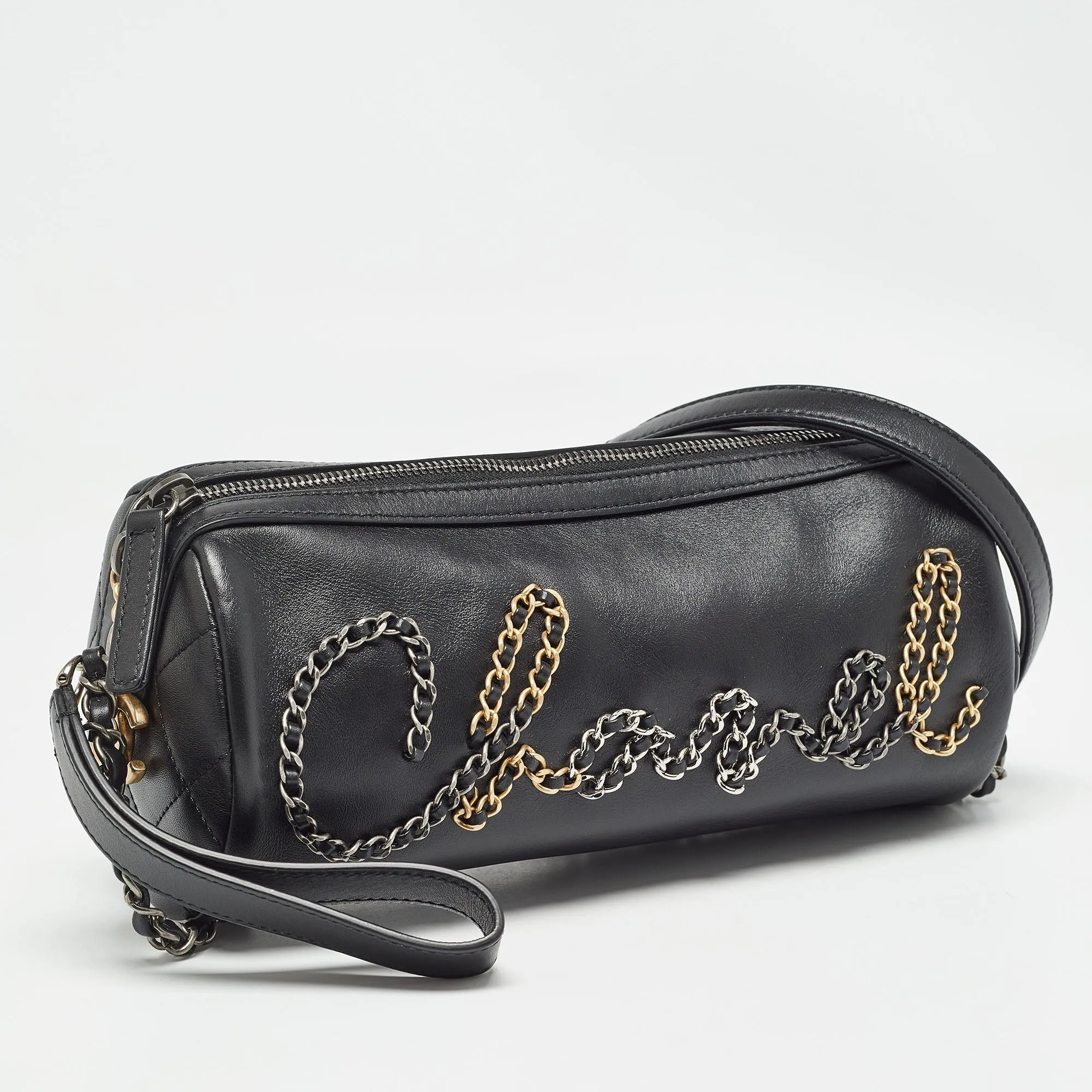 CHANEL  Black Leather Chain Signature Bowler Bag