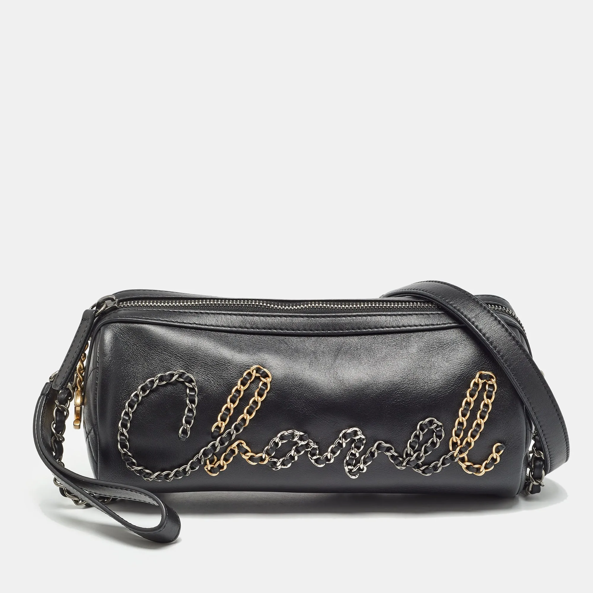 CHANEL  Black Leather Chain Signature Bowler Bag