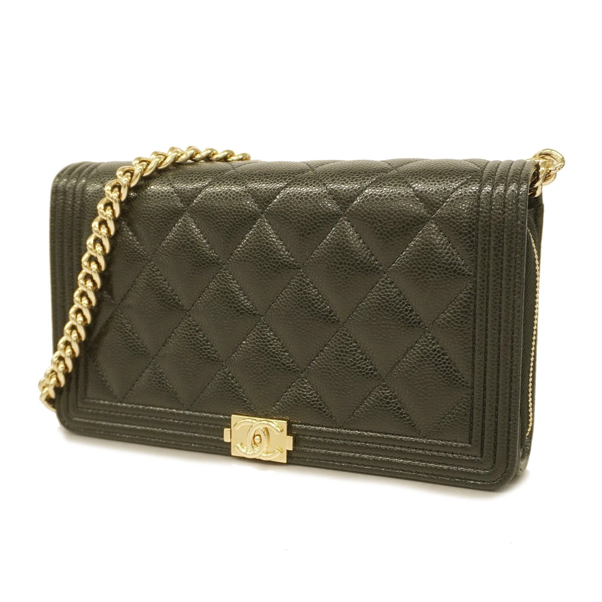 Chanel Boy Chanel Chain Wallet Gold Hardware Women's Caviar Leather Black