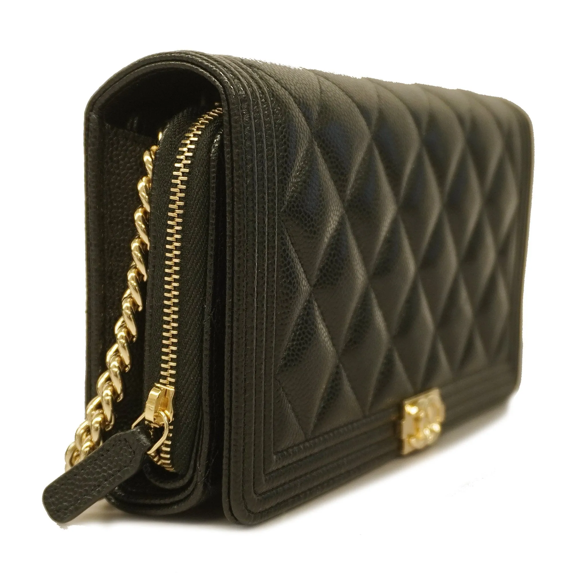 Chanel Boy Chanel Chain Wallet Gold Hardware Women's Caviar Leather Black