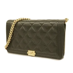 Chanel Boy Chanel Chain Wallet Gold Hardware Women's Caviar Leather Black