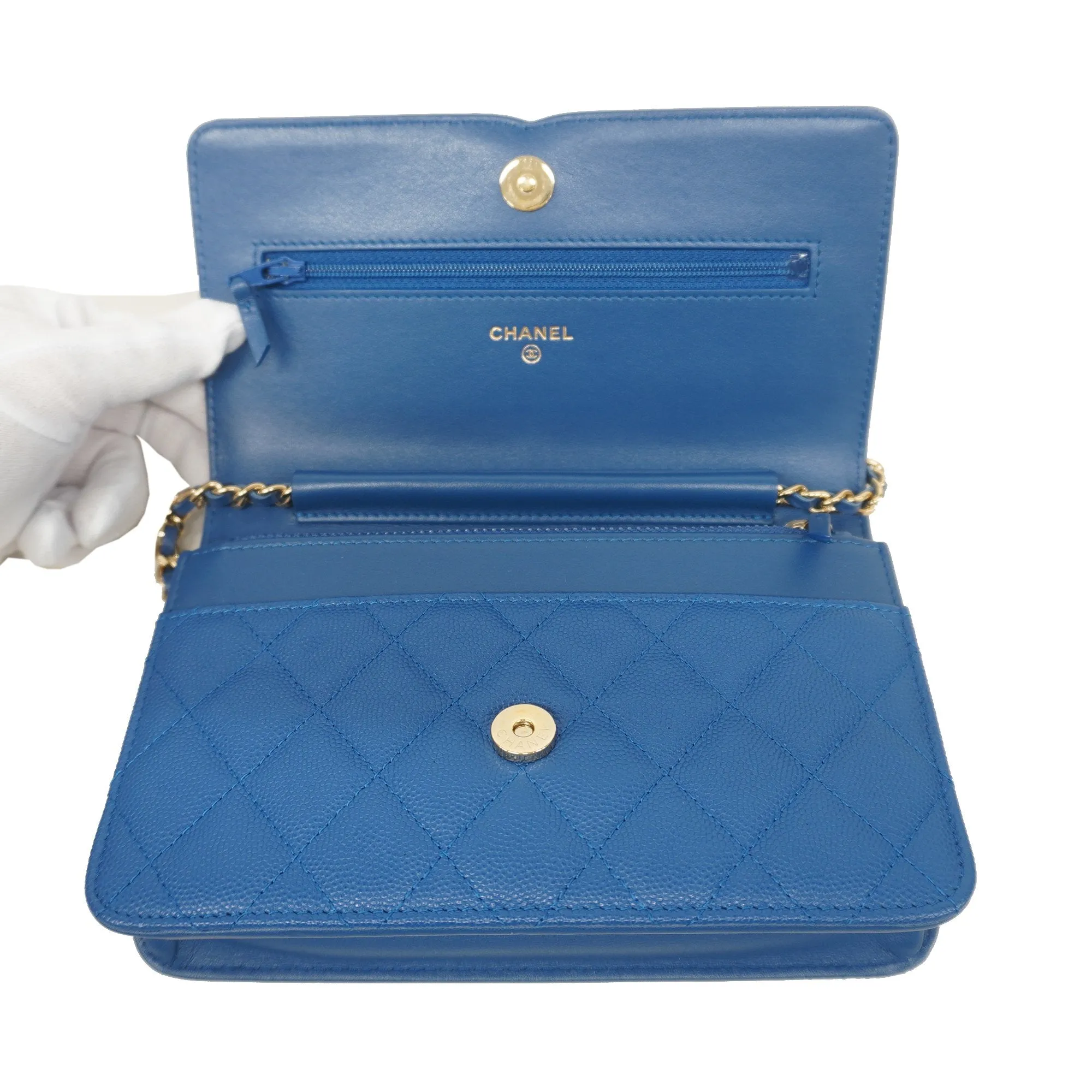 Chanel Boy Chanel Chain Wallet Gold Hardware Women's Caviar Leather Blue