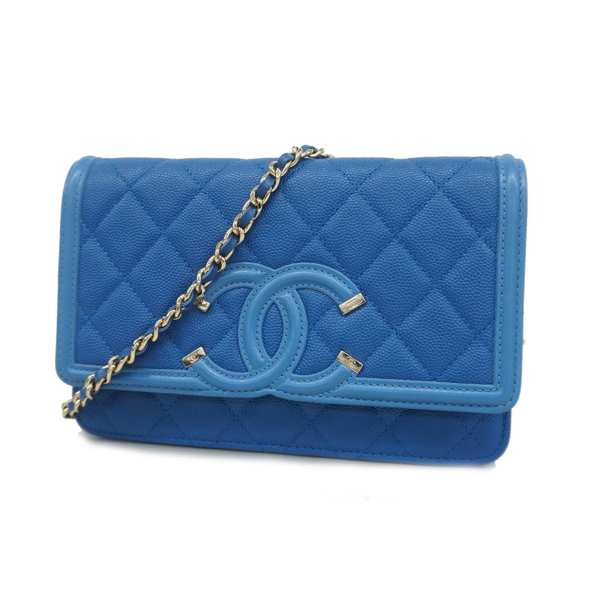 Chanel Boy Chanel Chain Wallet Gold Hardware Women's Caviar Leather Blue