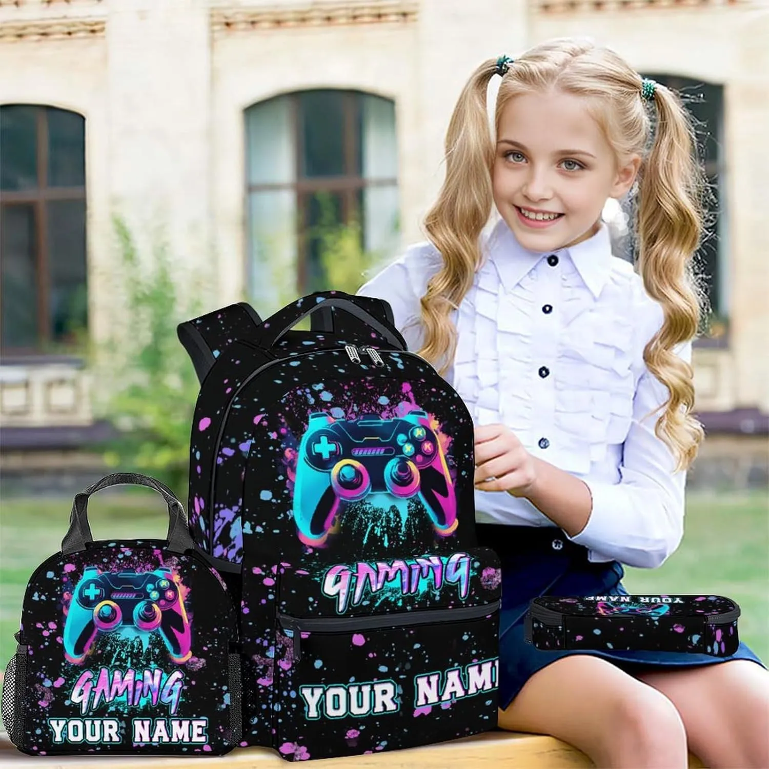 Custom Gaming Backpack with Lunch Box - Set of 3 School Boys Backpacks Matching Combo for Kids - Fashion Black Bookbag and Pencil Case Bundle