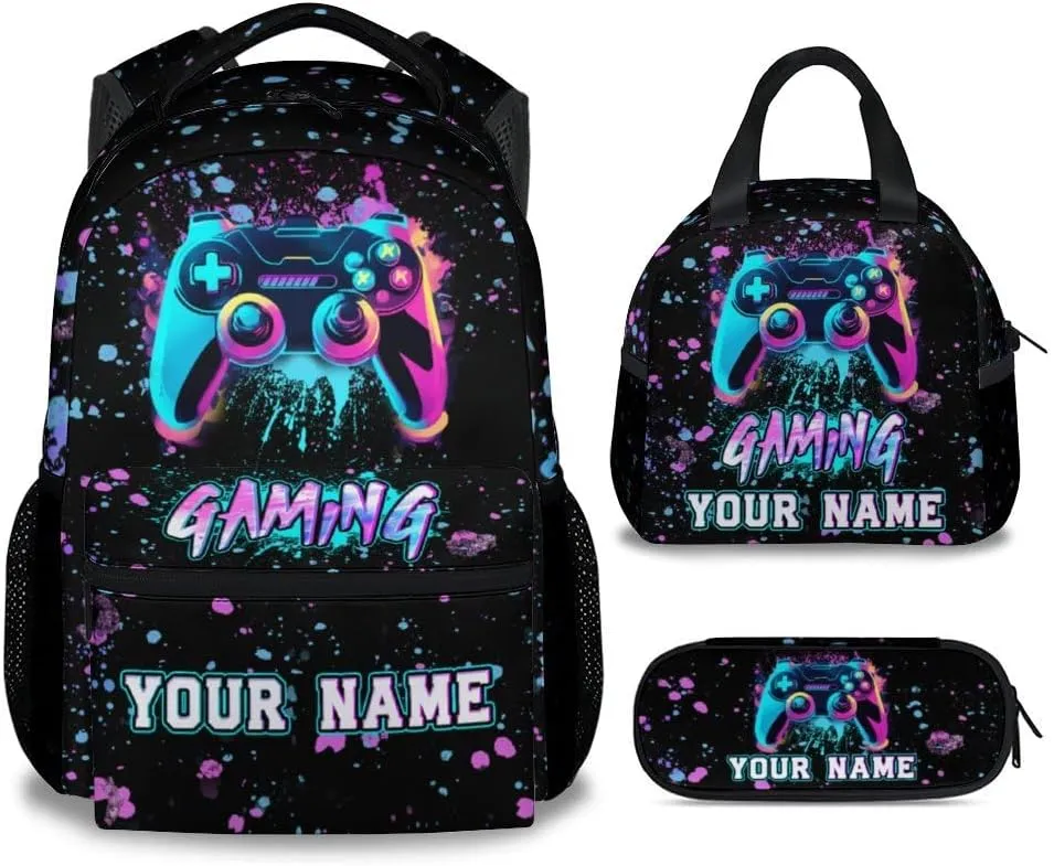 Custom Gaming Backpack with Lunch Box - Set of 3 School Boys Backpacks Matching Combo for Kids - Fashion Black Bookbag and Pencil Case Bundle