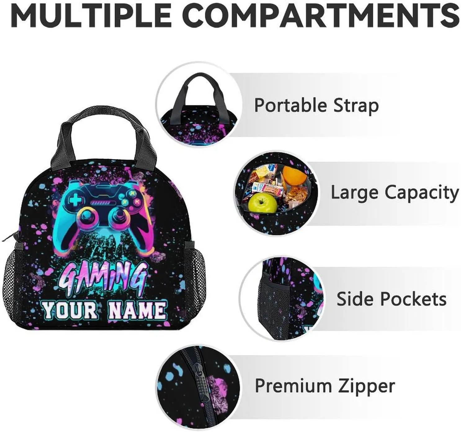 Custom Gaming Backpack with Lunch Box - Set of 3 School Boys Backpacks Matching Combo for Kids - Fashion Black Bookbag and Pencil Case Bundle