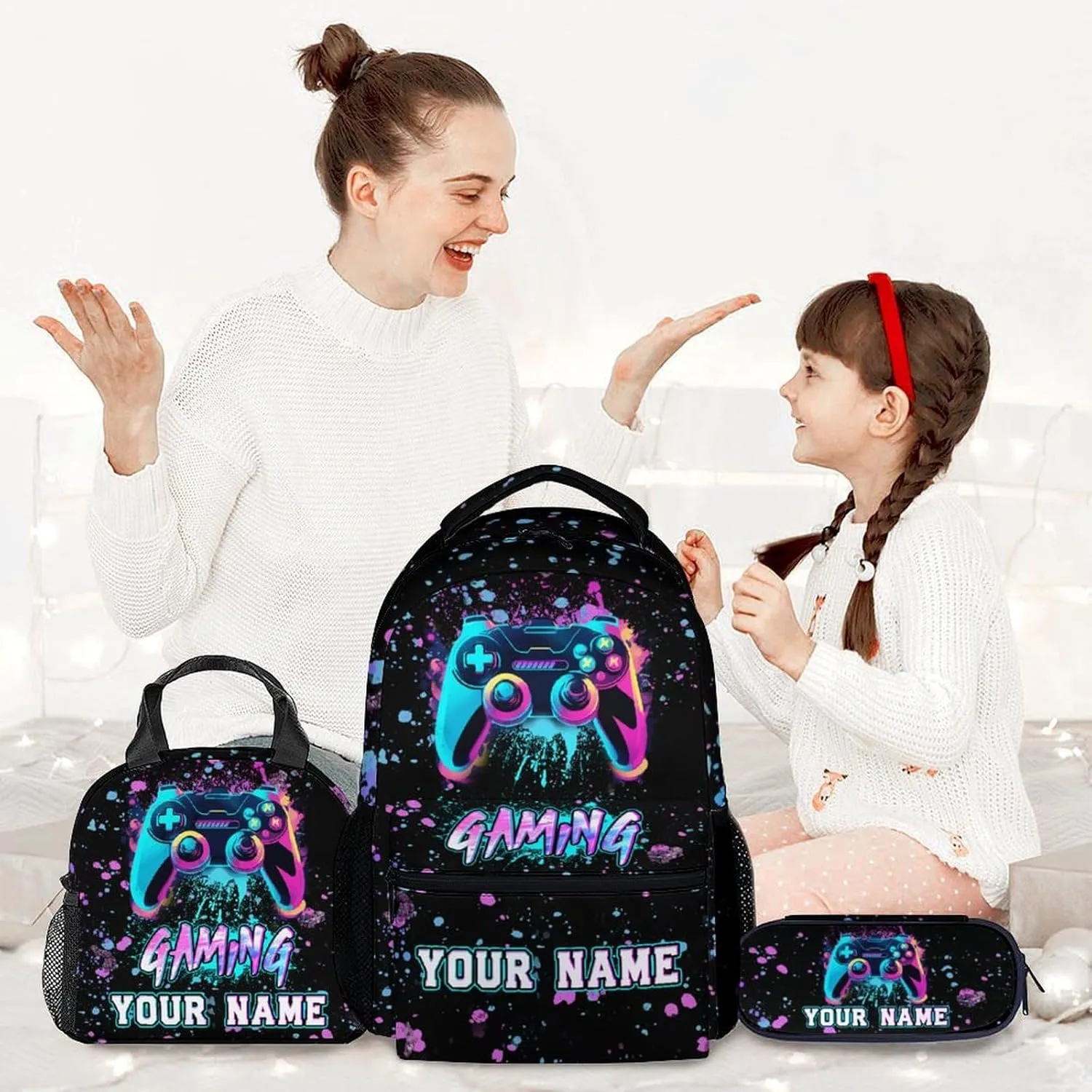 Custom Gaming Backpack with Lunch Box - Set of 3 School Boys Backpacks Matching Combo for Kids - Fashion Black Bookbag and Pencil Case Bundle