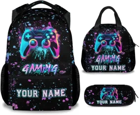 Custom Gaming Backpack with Lunch Box - Set of 3 School Boys Backpacks Matching Combo for Kids - Fashion Black Bookbag and Pencil Case Bundle