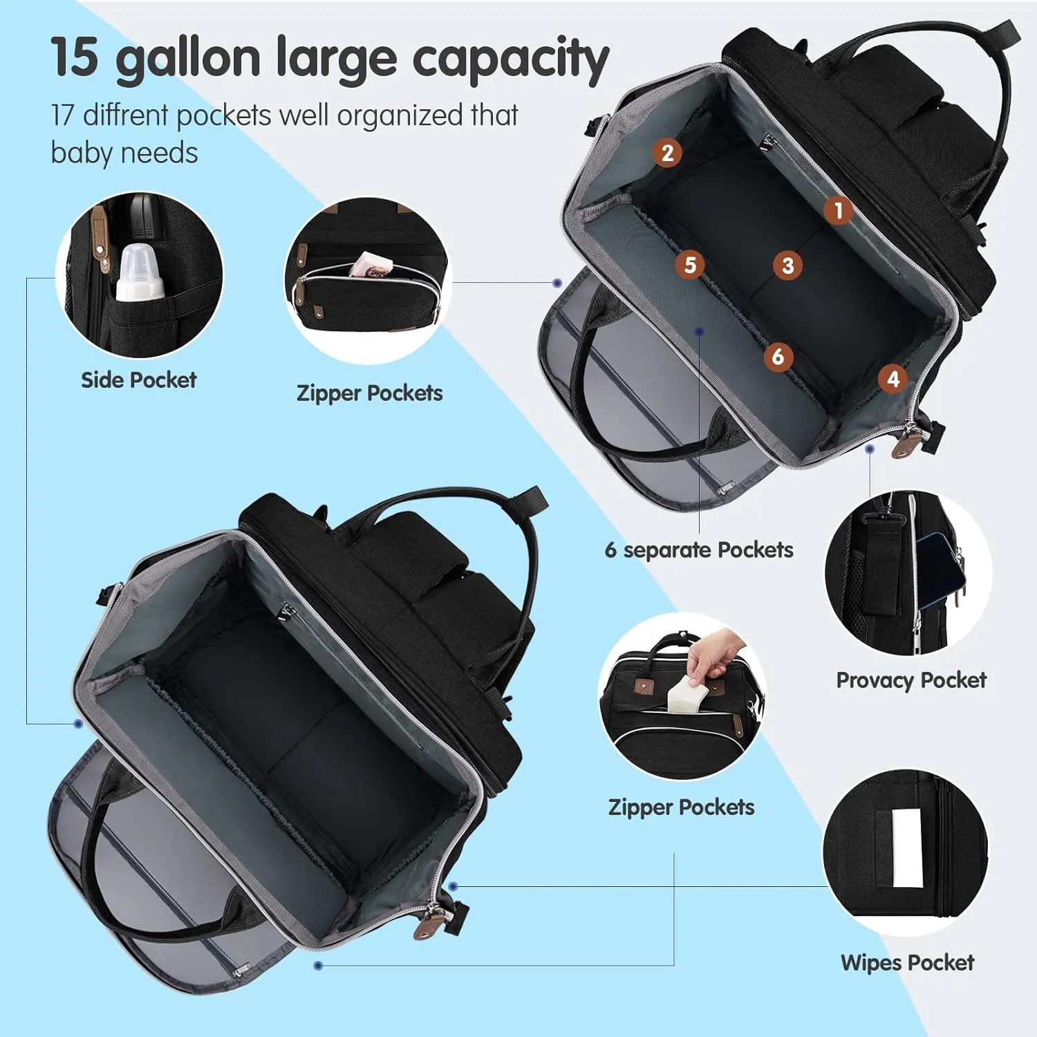 DERJUNSTAR Diaper Bag Backpack – Large Capacity Baby Diaper Bag with Changing Pad, Waterproof Travel Backpack for Boys & Girls, Multi-Function Baby Bag with USB Charging Port, Black