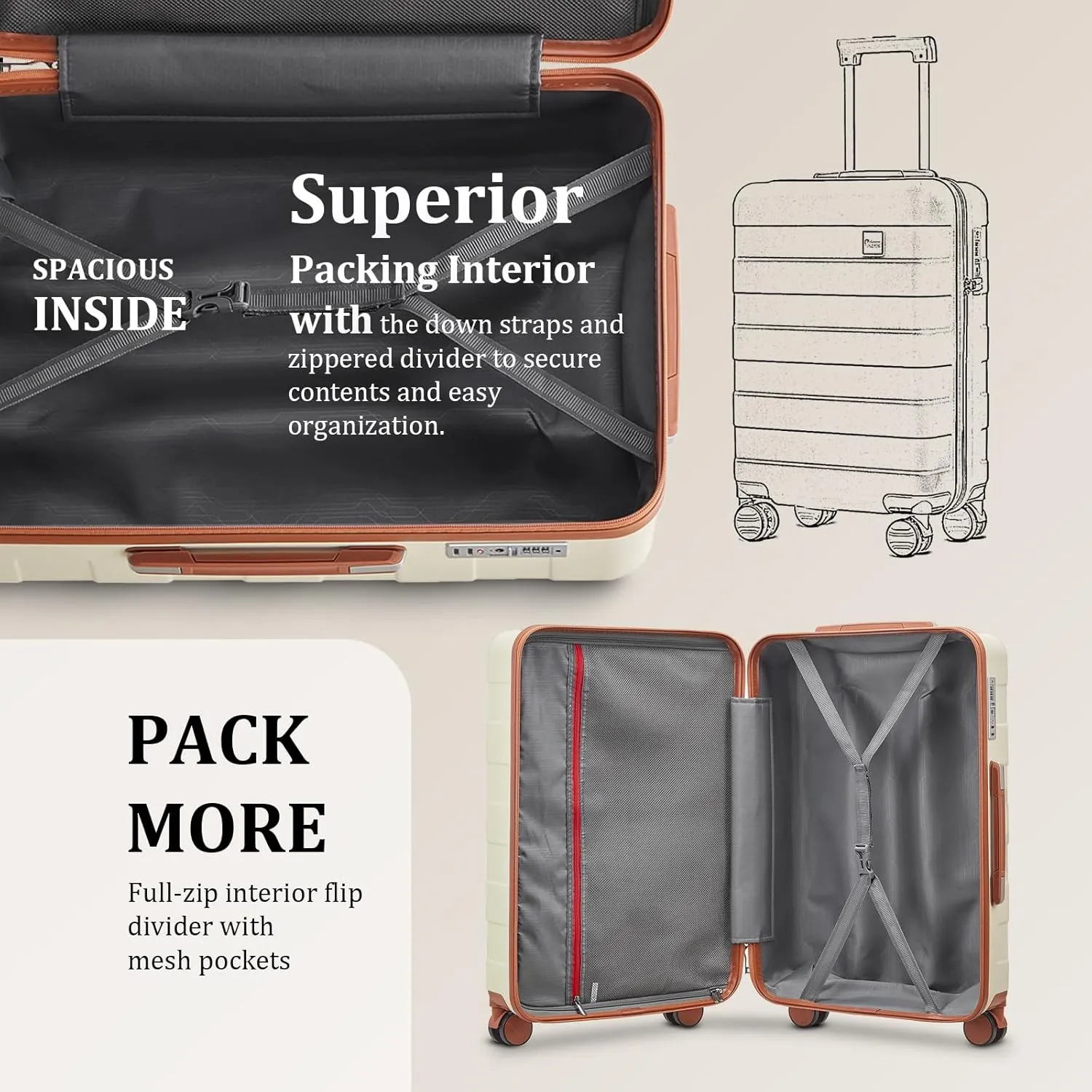 imiomo 28 IN Large Luggage, Suitcase with Spinner Wheels, Hardside 3PCS Set Lightweight Rolling Travel Luggage with TSA Lock(28"/Beige)