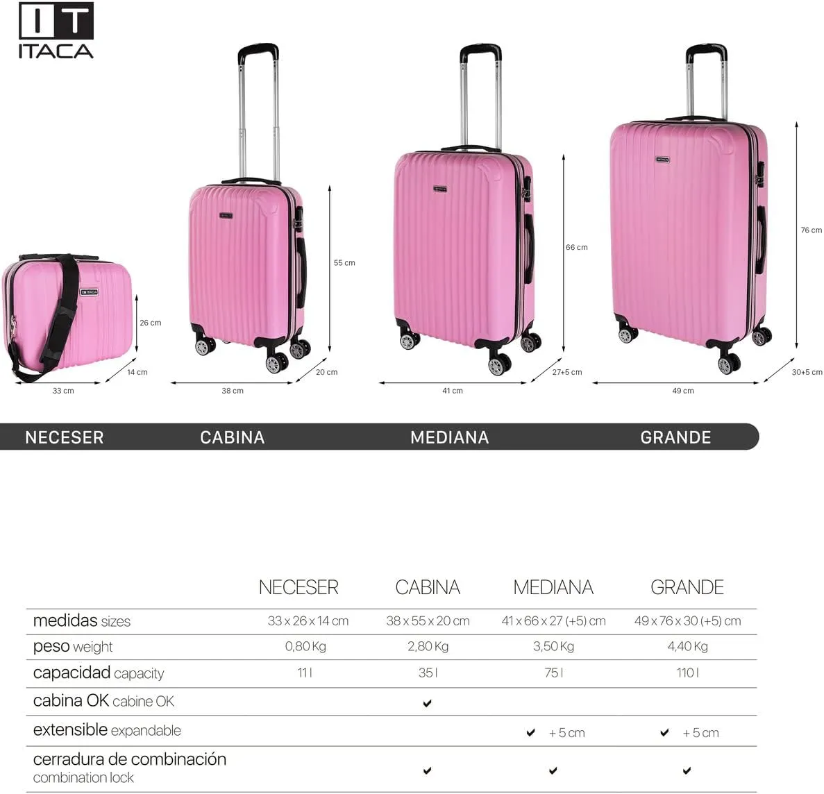 ITACA Juego Maletas de Viaje 4 Ruedas Trolley ABS. Extensibles Rgidas Resistentes y Ligeras. Mango Asas Candado. Pequea Cabina Low Cost, Mediana y Grande y Neceser. T71500