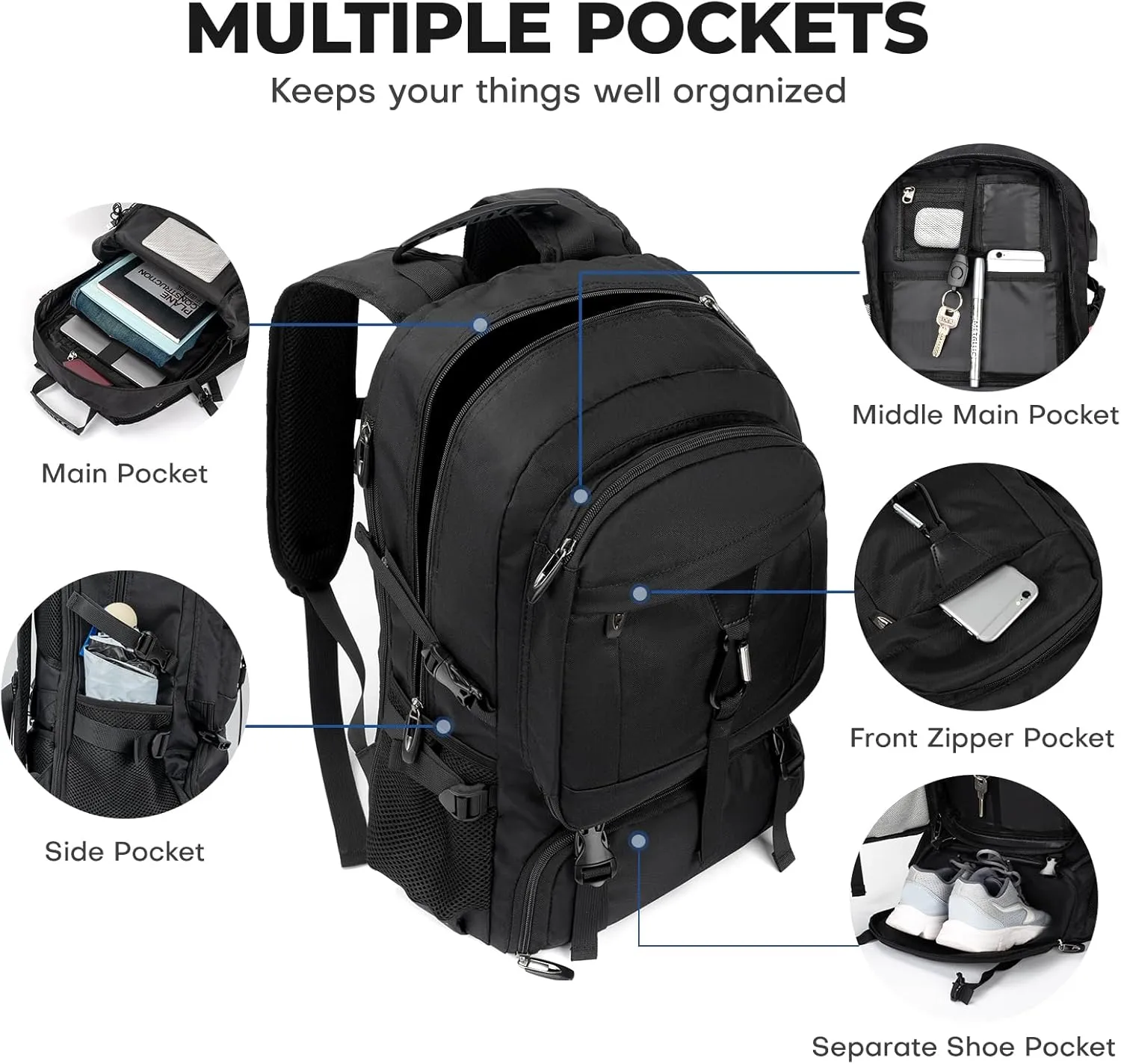 Large Travel Backpack for Men Women,Carry on Backpack with Shoe Compartment USB Charging Port,College Backpack,Bookbag fit 17.3 Inch Laptop for Business Hiking Camping (Fits 4.92-5.91 ft height)