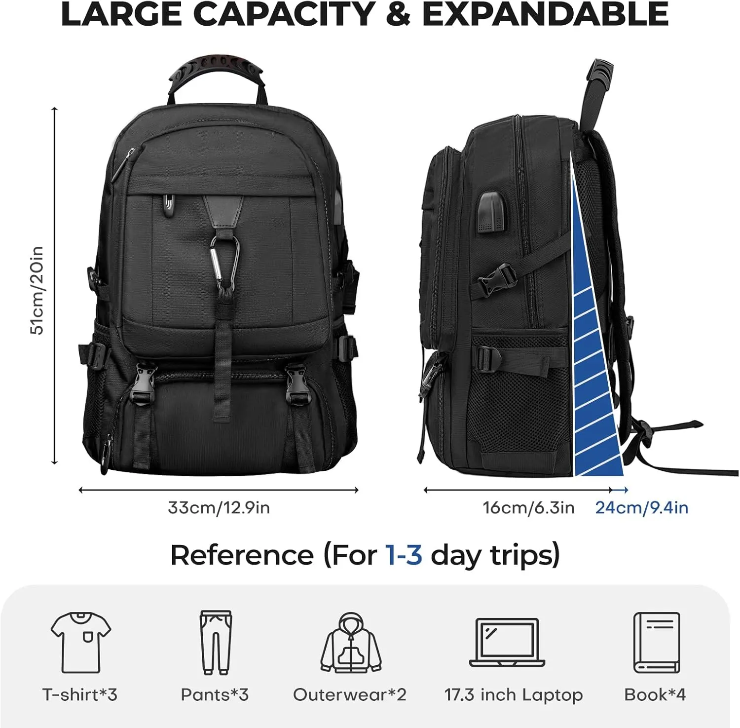 Large Travel Backpack for Men Women,Carry on Backpack with Shoe Compartment USB Charging Port,College Backpack,Bookbag fit 17.3 Inch Laptop for Business Hiking Camping (Fits 4.92-5.91 ft height)