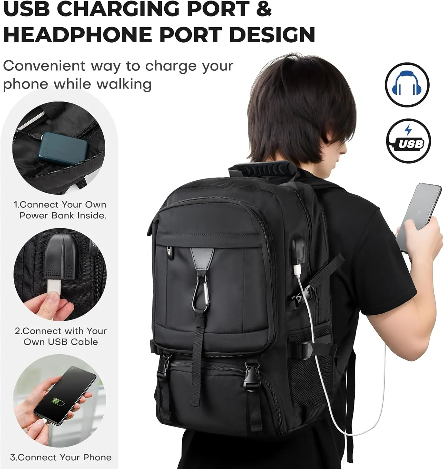 Large Travel Backpack for Men Women,Carry on Backpack with Shoe Compartment USB Charging Port,College Backpack,Bookbag fit 17.3 Inch Laptop for Business Hiking Camping (Fits 4.92-5.91 ft height)