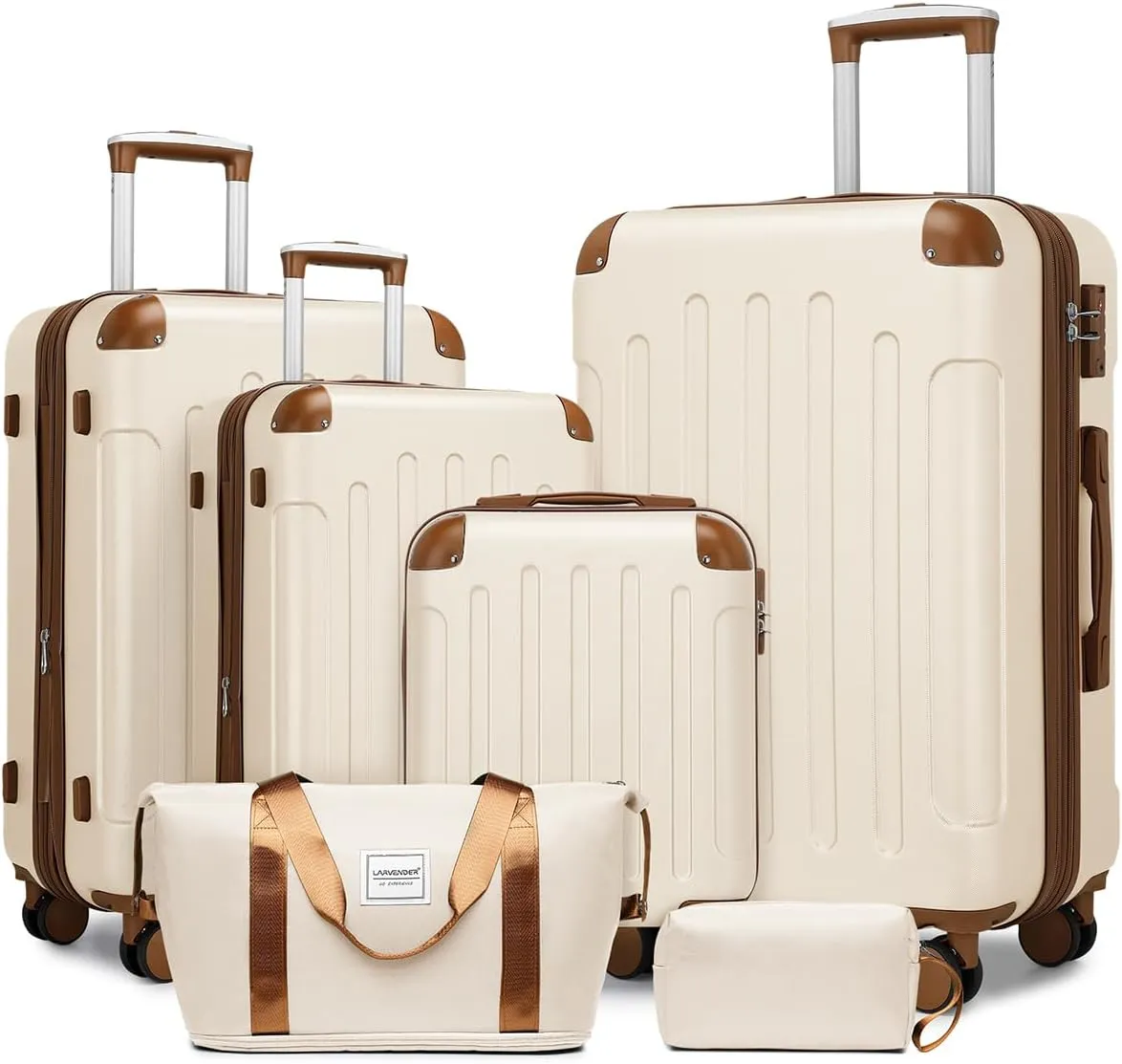 LARVENDER Luggage Sets 6 Piece Hardshell Expandable Suitcases with Spinner Wheels TSA Lock, Lightweight ABS Travel Carry On Suitcase Set for Women, White Brown