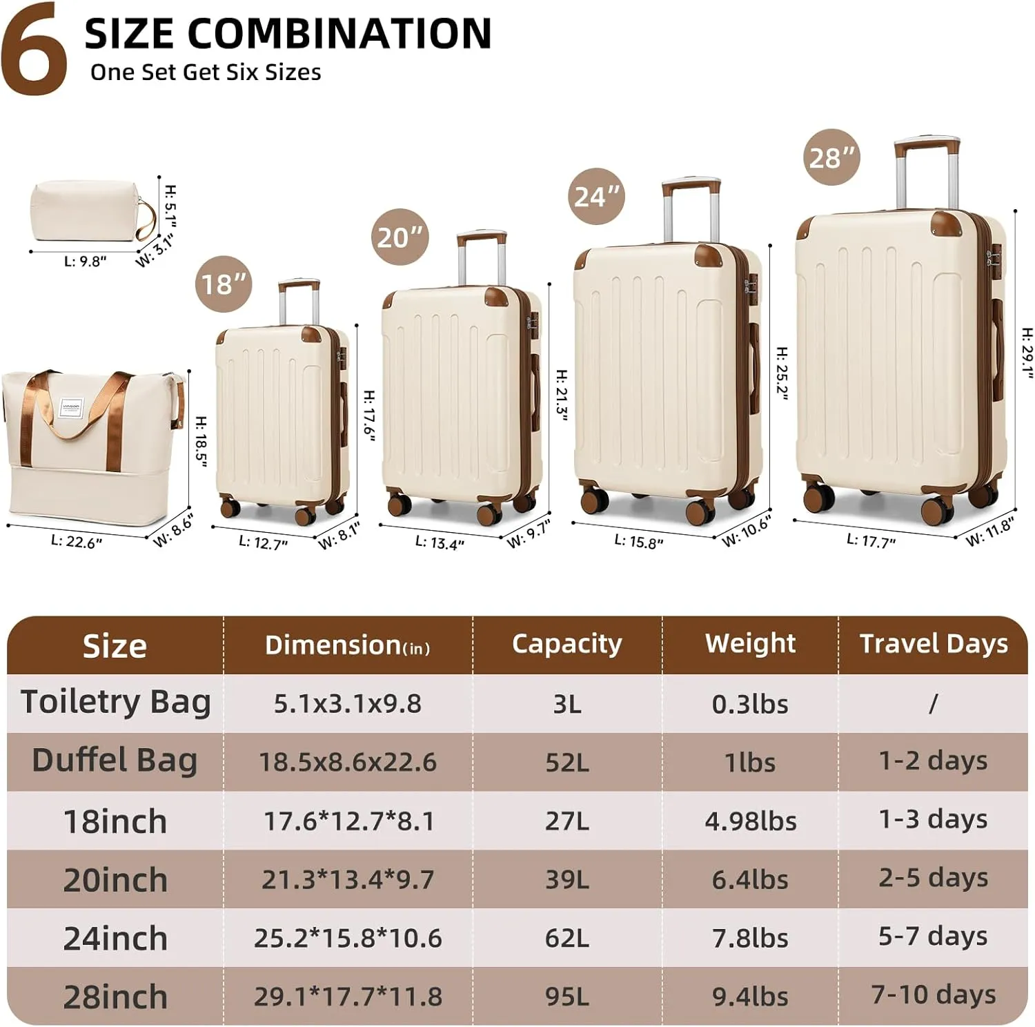 LARVENDER Luggage Sets 6 Piece Hardshell Expandable Suitcases with Spinner Wheels TSA Lock, Lightweight ABS Travel Carry On Suitcase Set for Women, White Brown