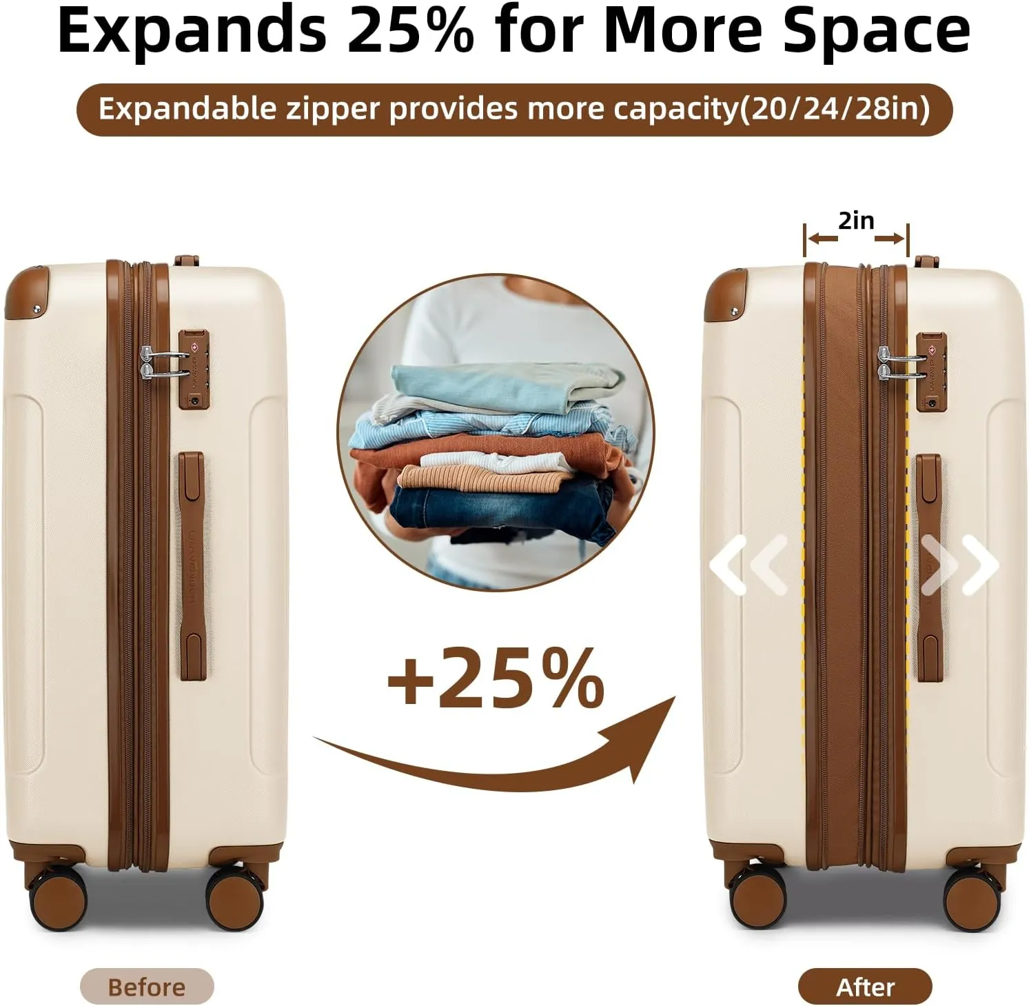 LARVENDER Luggage Sets 6 Piece Hardshell Expandable Suitcases with Spinner Wheels TSA Lock, Lightweight ABS Travel Carry On Suitcase Set for Women, White Brown