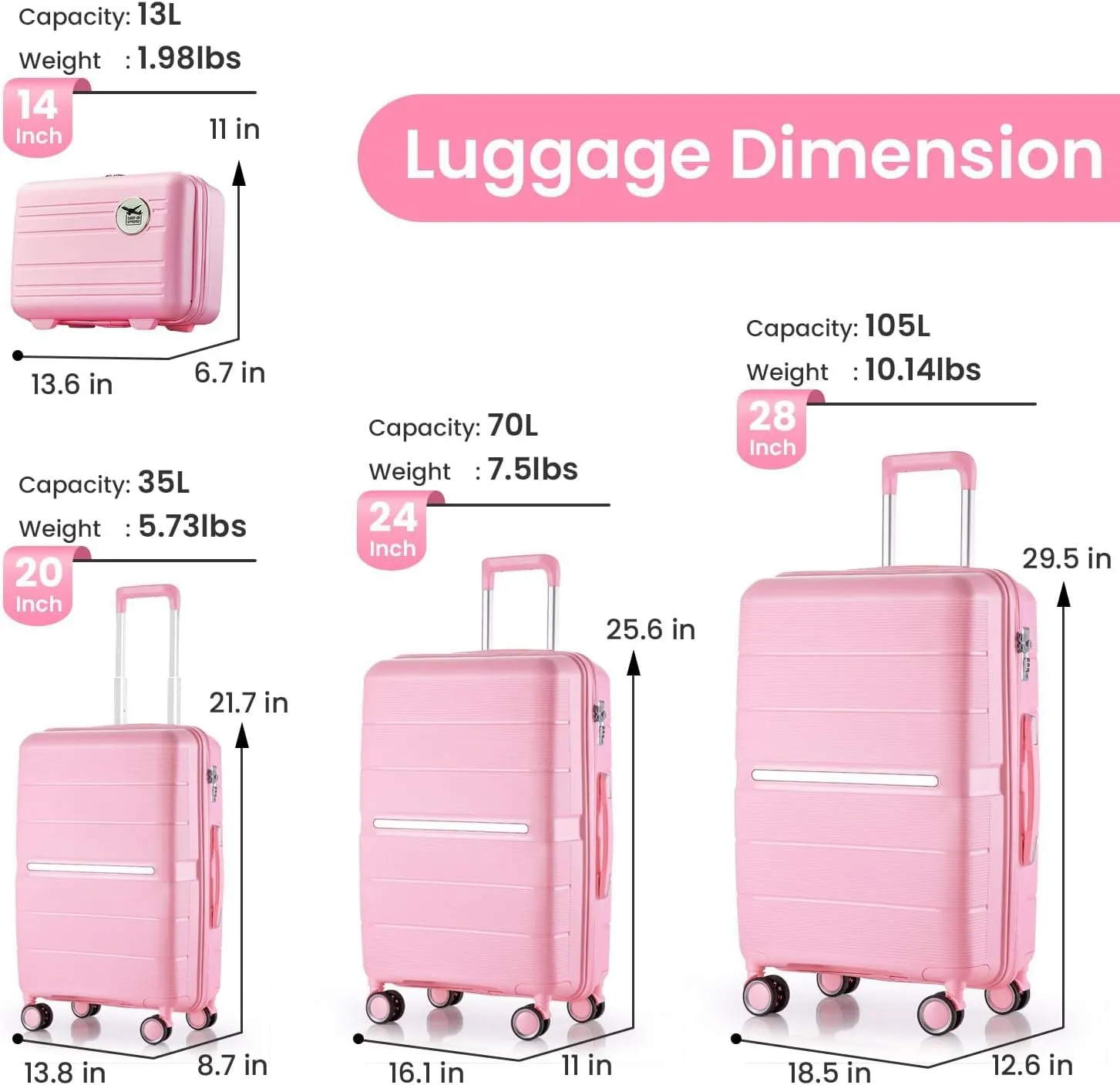 Luggage Sets 4 Piece, Hard Shell Lightweight Carry on Expandable Suitcase with Spinner Wheels Travel Set TSA Lock(#06 Pink)