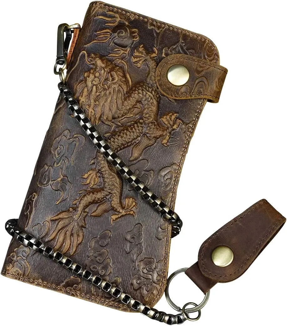 LUUFAN Men's Genuine Leather Long Wallet Chain Wallet Card holder Wallet with Coin Pocket, Dragon, M, Vintage