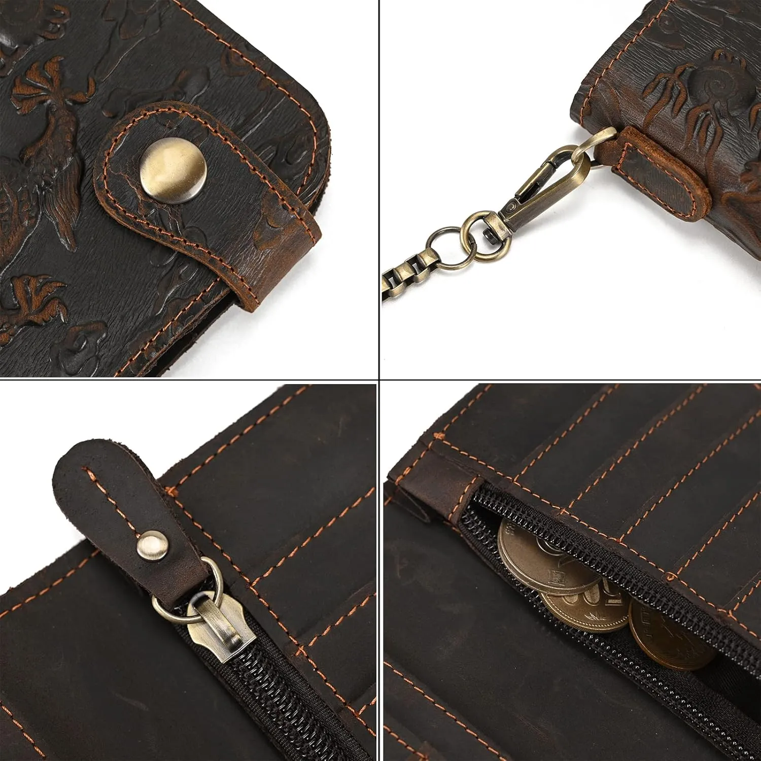 LUUFAN Men's Genuine Leather Long Wallet Chain Wallet Card holder Wallet with Coin Pocket, Tiger-Dark Brown, Chain Wallet