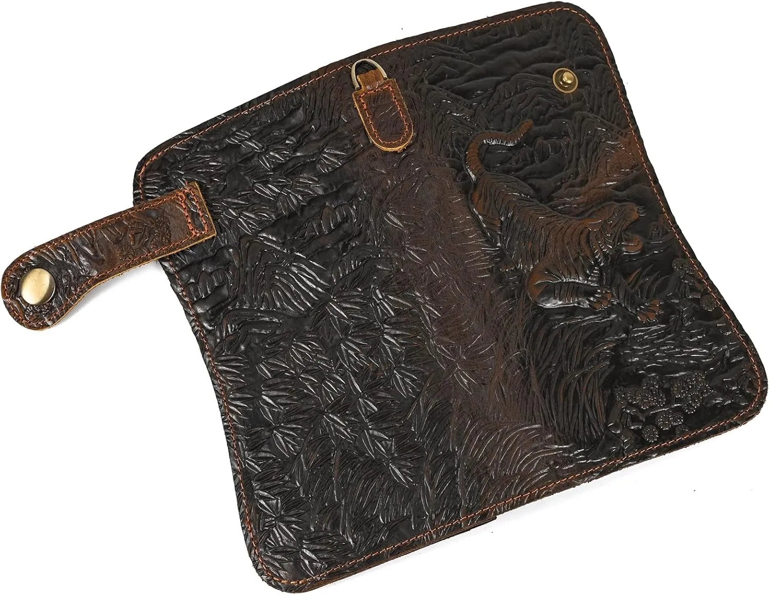 LUUFAN Men's Genuine Leather Long Wallet Chain Wallet Card holder Wallet with Coin Pocket, Tiger-Dark Brown, Chain Wallet