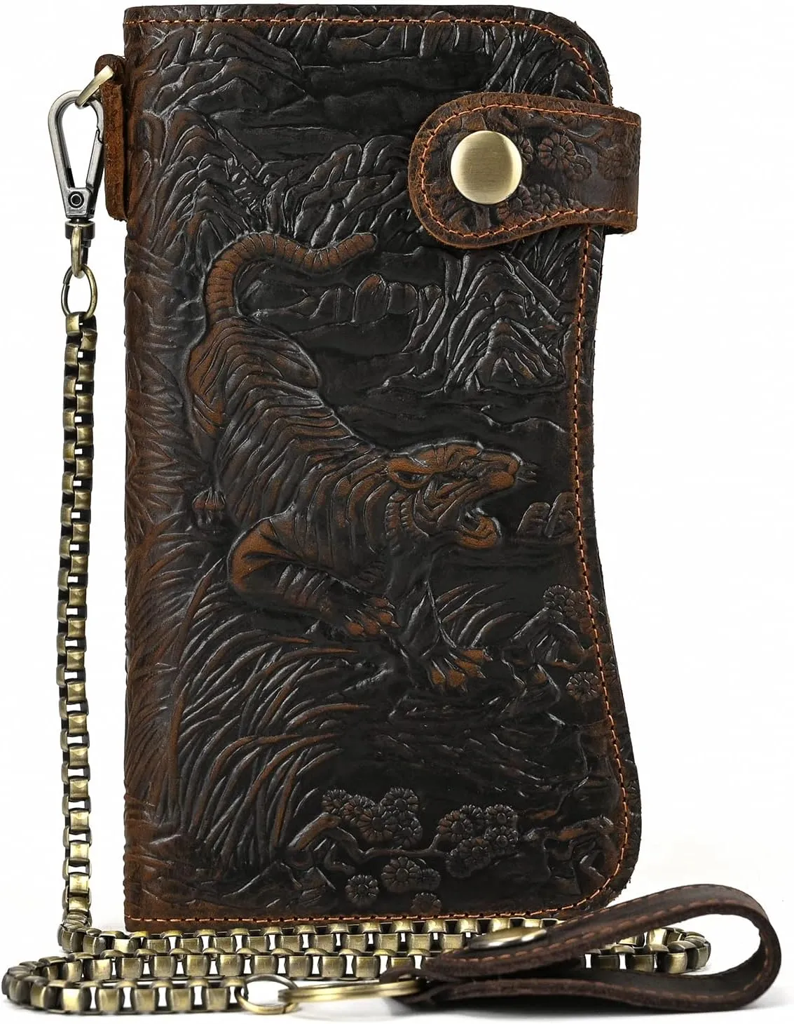 LUUFAN Men's Genuine Leather Long Wallet Chain Wallet Card holder Wallet with Coin Pocket, Tiger-Dark Brown, Chain Wallet