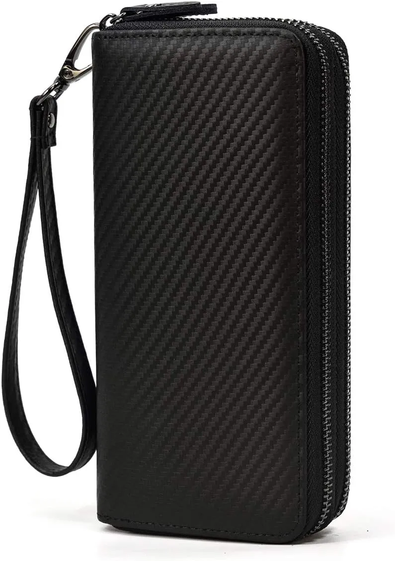 LUUFAN Men's Genuine Leather Long Wallet Chain Wallet, Engraved Bifold Wallet, 1008 Black, Classic