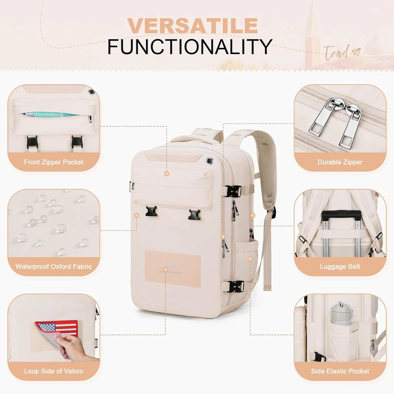 Maelstrom Travel Backpack for Women Men,35L Laptop Backpack Fits 17-Inch Laptop,Carry On Backpack for Airplanes with Crossbody Bag&Shoe Compartment&Toiletry Bag,Beige,Large
