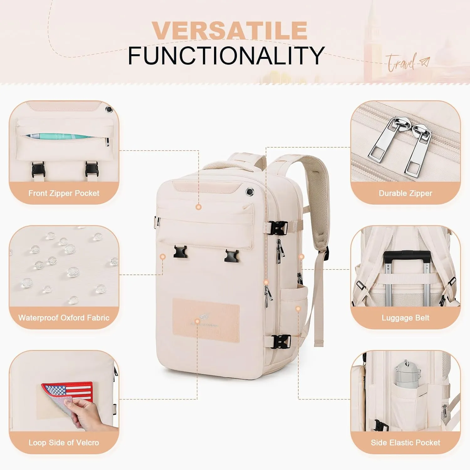Maelstrom Travel Backpack for Women Men,35L Laptop Backpack Fits 17-Inch Laptop,Waterproof Carry On Backpack for Airplanes with Detachable Crossbody Bag&Shoe Compartment,Beige, Large