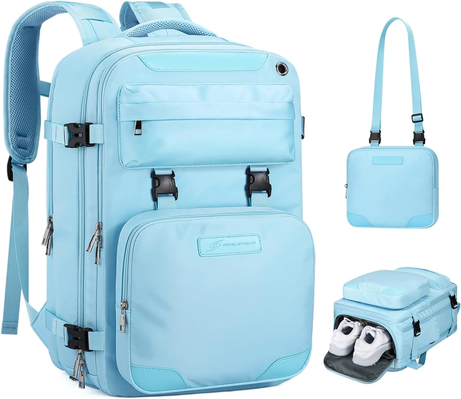 Maelstrom Travel Backpack for Women Men,35L Laptop Backpack Fits 17-Inch Laptop,Waterproof Carry On Backpack for Airplanes with Detachable Crossbody Bag&Shoe Compartment,Light Blue, Large
