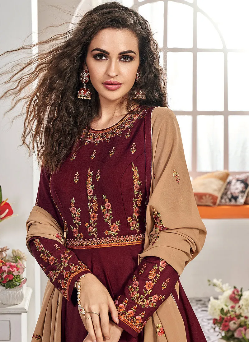 Maroon And Brown Traditional Embroidered Anarkali Suit