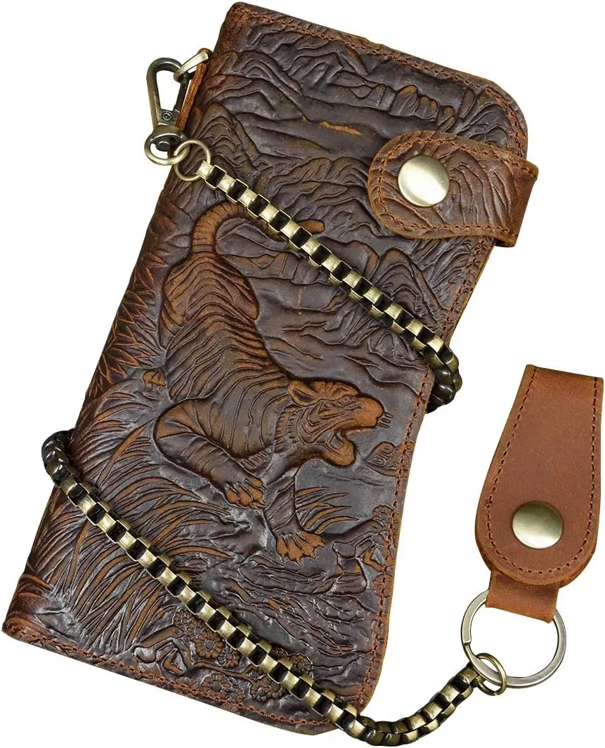 Men's Genuine Leather Long Wallet Chain Wallet Card holder Wallet with Coin Pocket (Tiger)