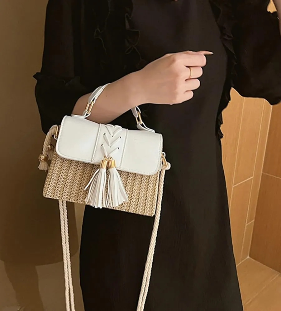Slouchy Woven Crossbody Handbags for Women Beach Straw Clutch Purses Tassel Commuter Bag for Work,Travel,Casual Outings