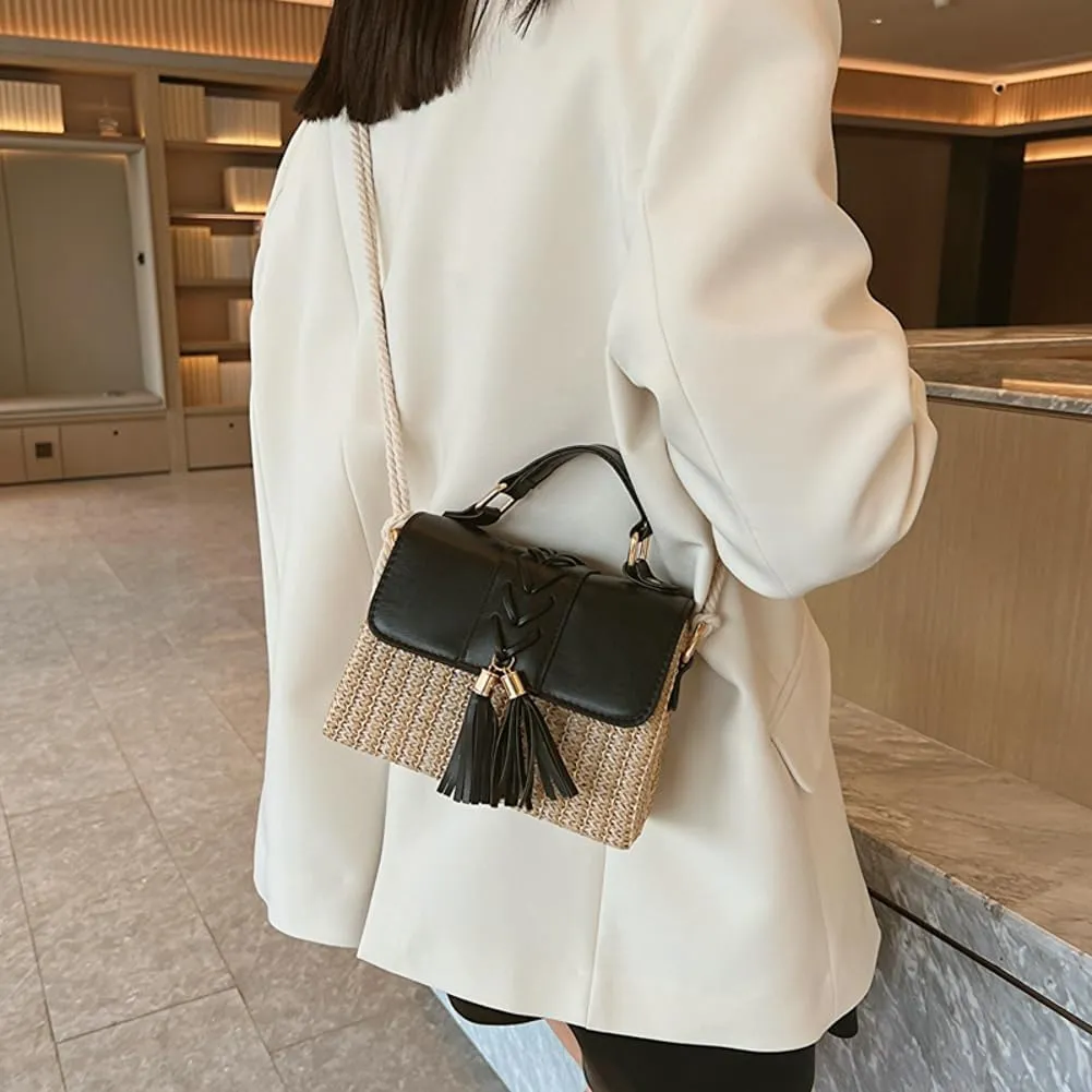 Slouchy Woven Crossbody Handbags for Women Beach Straw Clutch Purses Tassel Commuter Bag for Work,Travel,Casual Outings