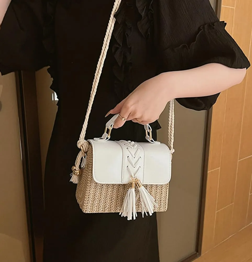 Slouchy Woven Crossbody Handbags for Women Beach Straw Clutch Purses Tassel Commuter Bag for Work,Travel,Casual Outings
