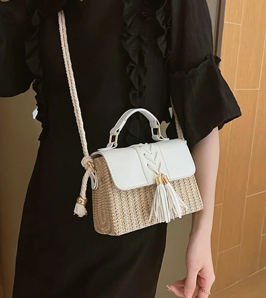 Slouchy Woven Crossbody Handbags for Women Beach Straw Clutch Purses Tassel Commuter Bag for Work,Travel,Casual Outings
