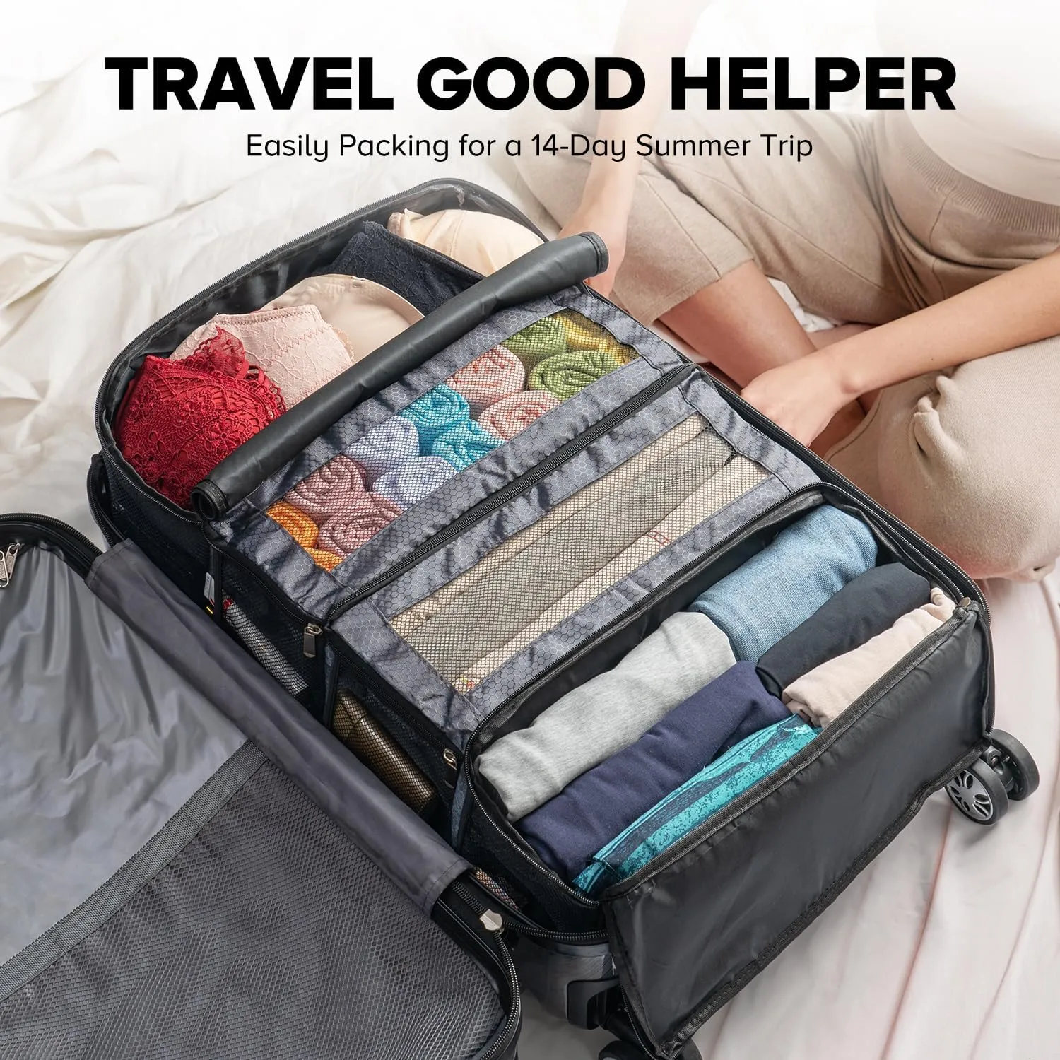 Suitcase Organizer, Travel Luggage Organizer Hanging Shelves Packing Cube Closet/Collapsible Portable Travel Organizer for Carry-on, Grey, Large