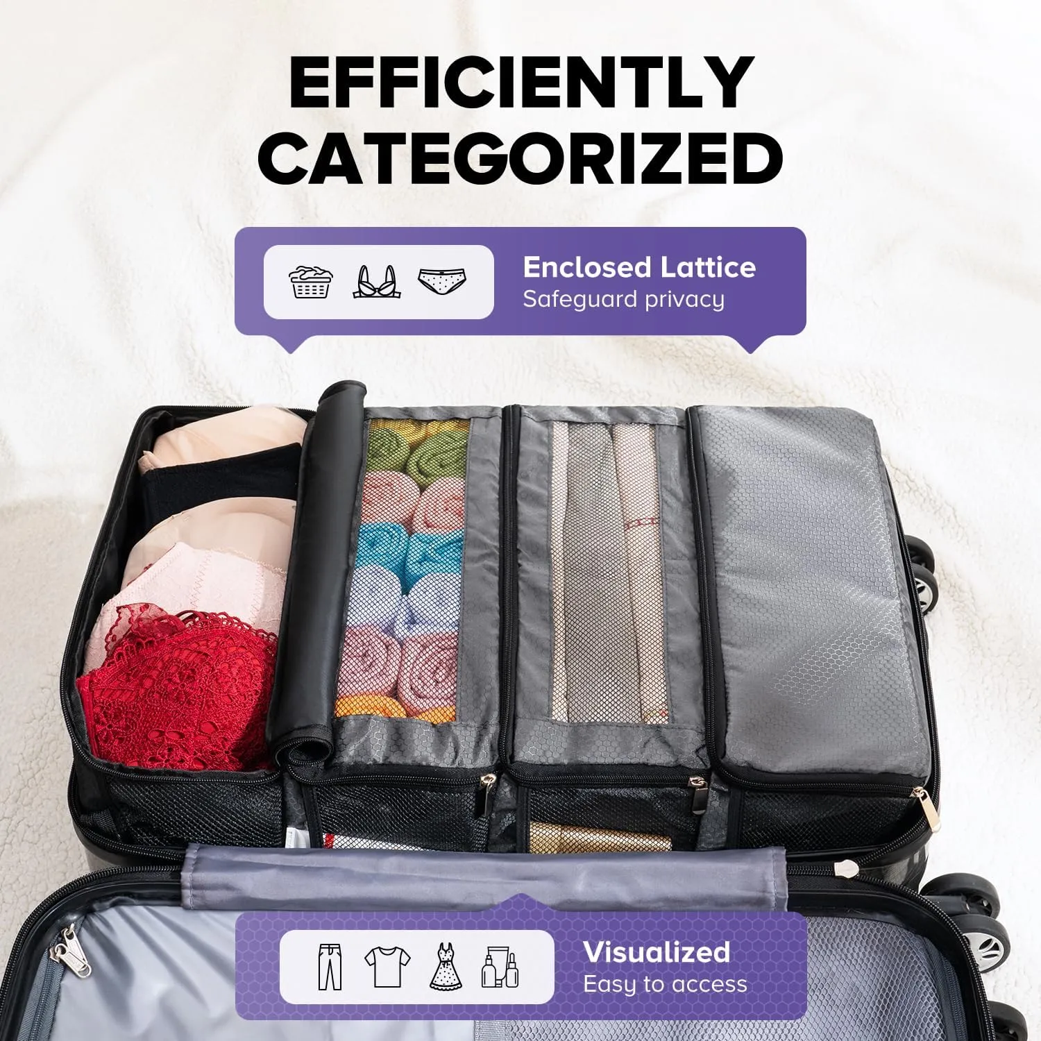 Suitcase Organizer, Travel Luggage Organizer Hanging Shelves Packing Cube Closet/Collapsible Portable Travel Organizer for Carry-on, Grey, Large