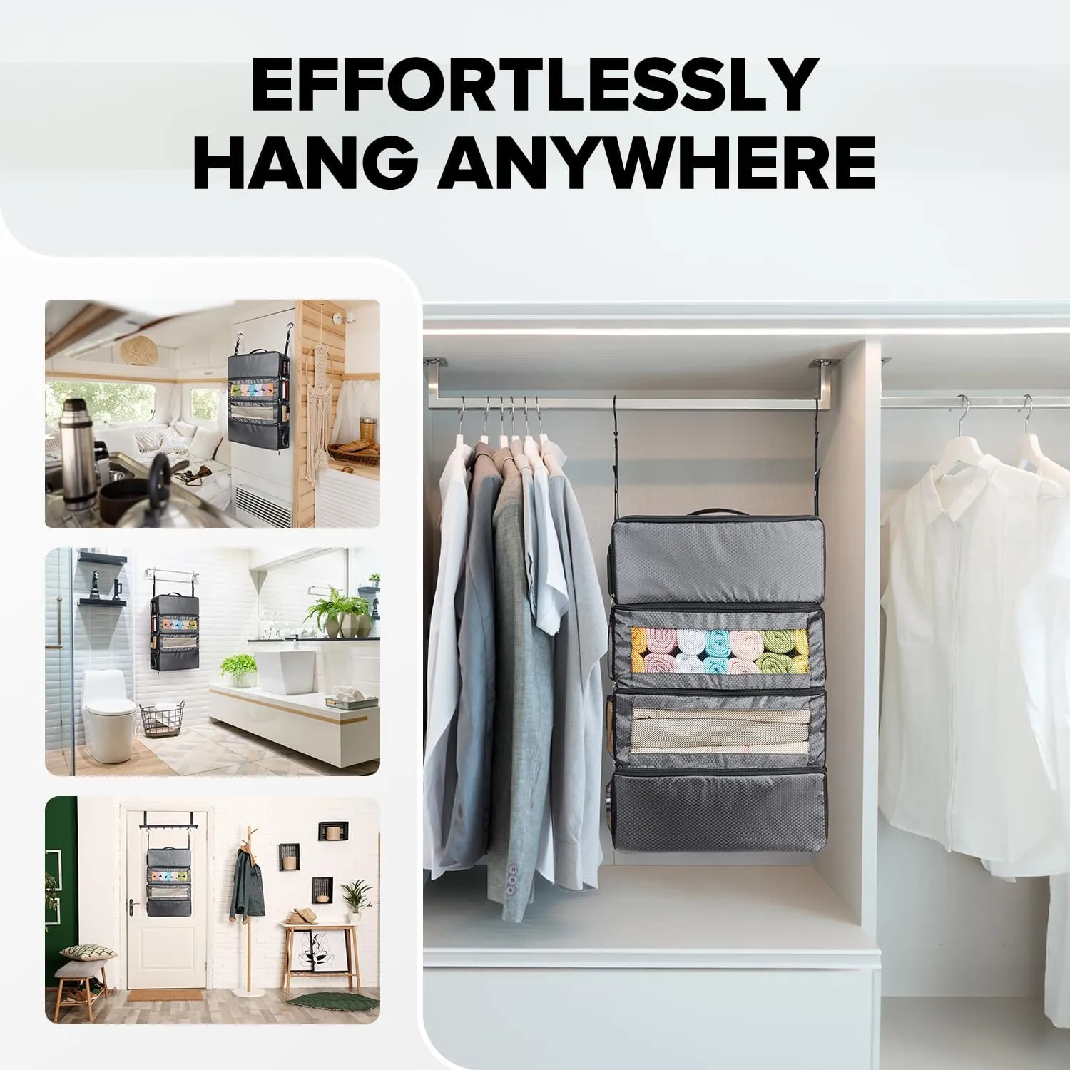 Suitcase Organizer, Travel Luggage Organizer Hanging Shelves Packing Cube Closet/Collapsible Portable Travel Organizer for Carry-on, Grey, Large