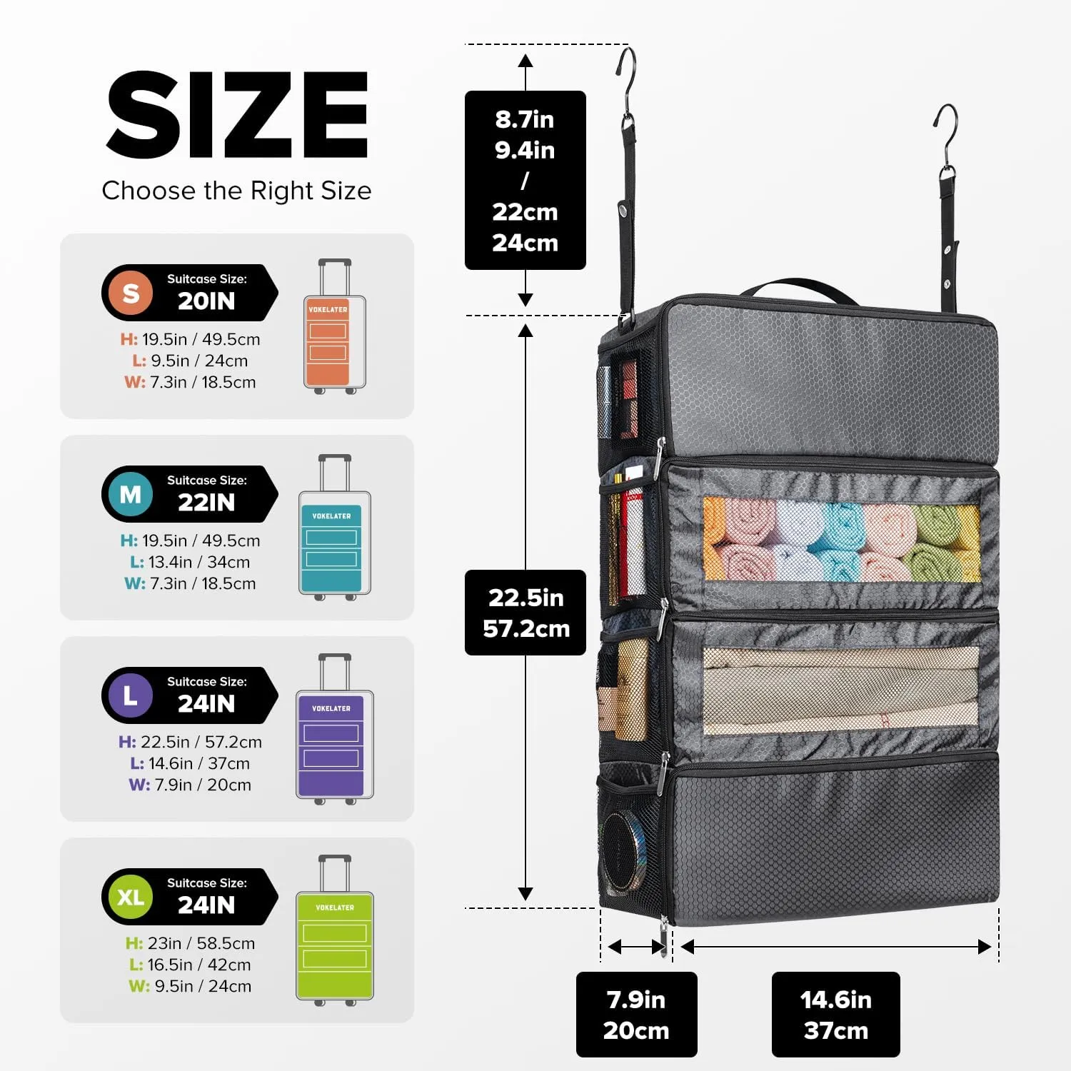 Suitcase Organizer, Travel Luggage Organizer Hanging Shelves Packing Cube Closet/Collapsible Portable Travel Organizer for Carry-on, Grey, Large