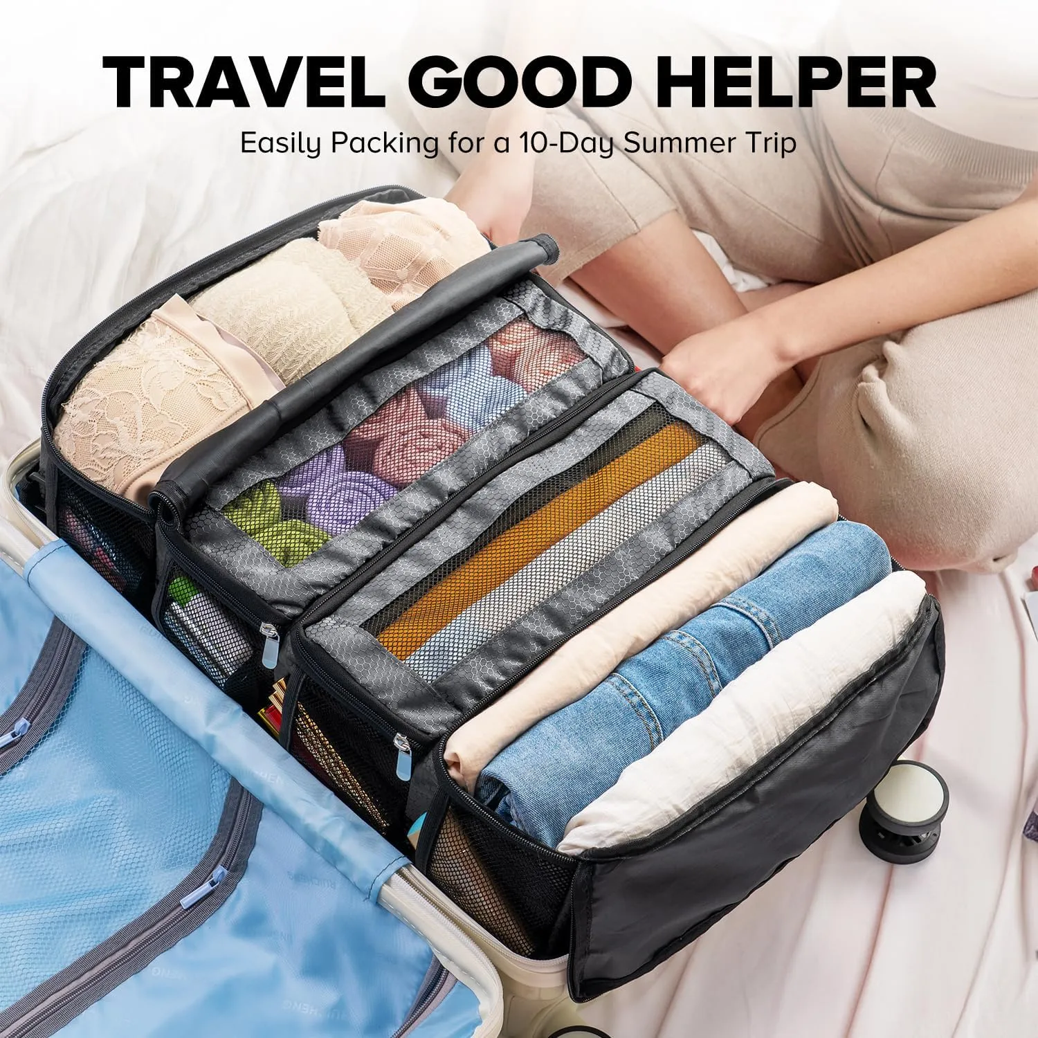 Suitcase Organizer, Travel Luggage Organizer Hanging Shelves Packing Cube Closet/Collapsible Portable Travel Organizer for Carry-on, Grey-M, Medium, Modern