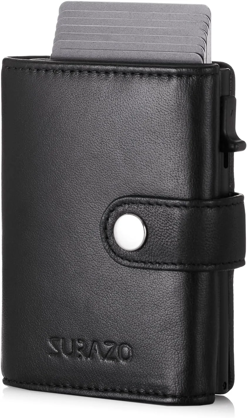 SURAZO Men's Leather Wallet Small Many Compartments  Men's Wallet with 12 Card Slots [RFID Protection] [Coin Compartment] Genuine Leather Wallet Women Wallet Flip Wallet (Black), black, M